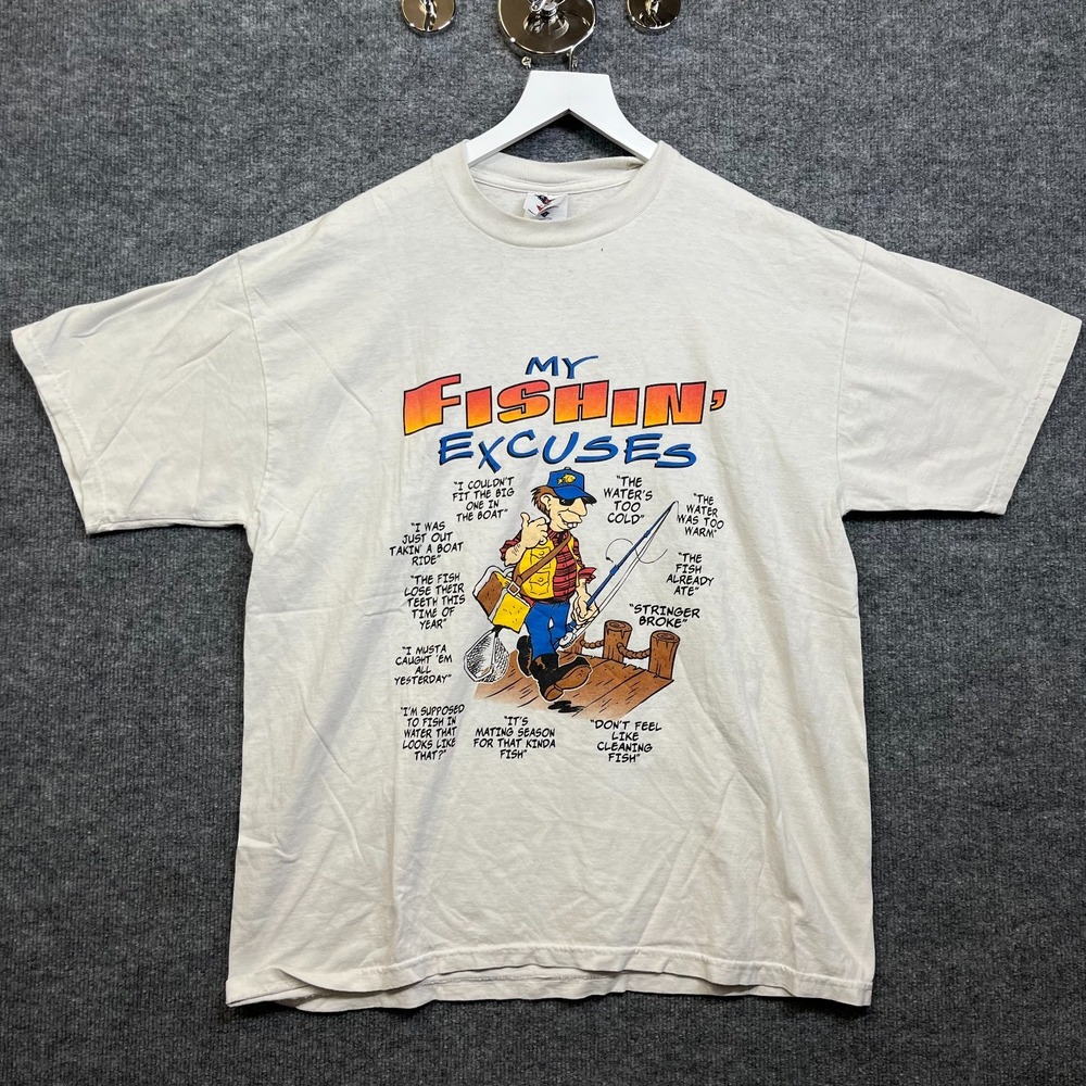 Jerzees My Fishin Excuses T-Shirt Men's White Humor Graphic Short Sleeve - Large